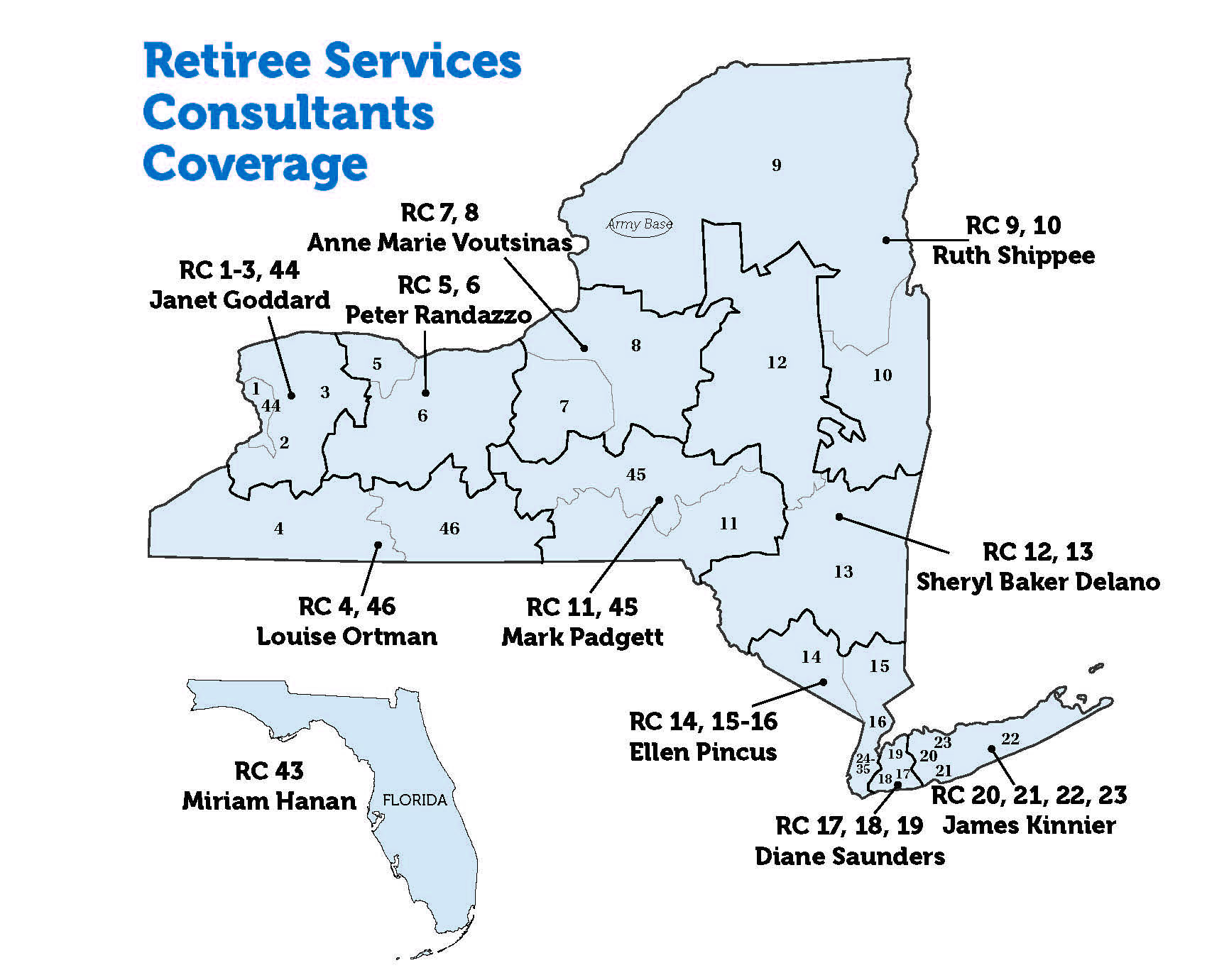 Map showing retiree consultants for specific areas